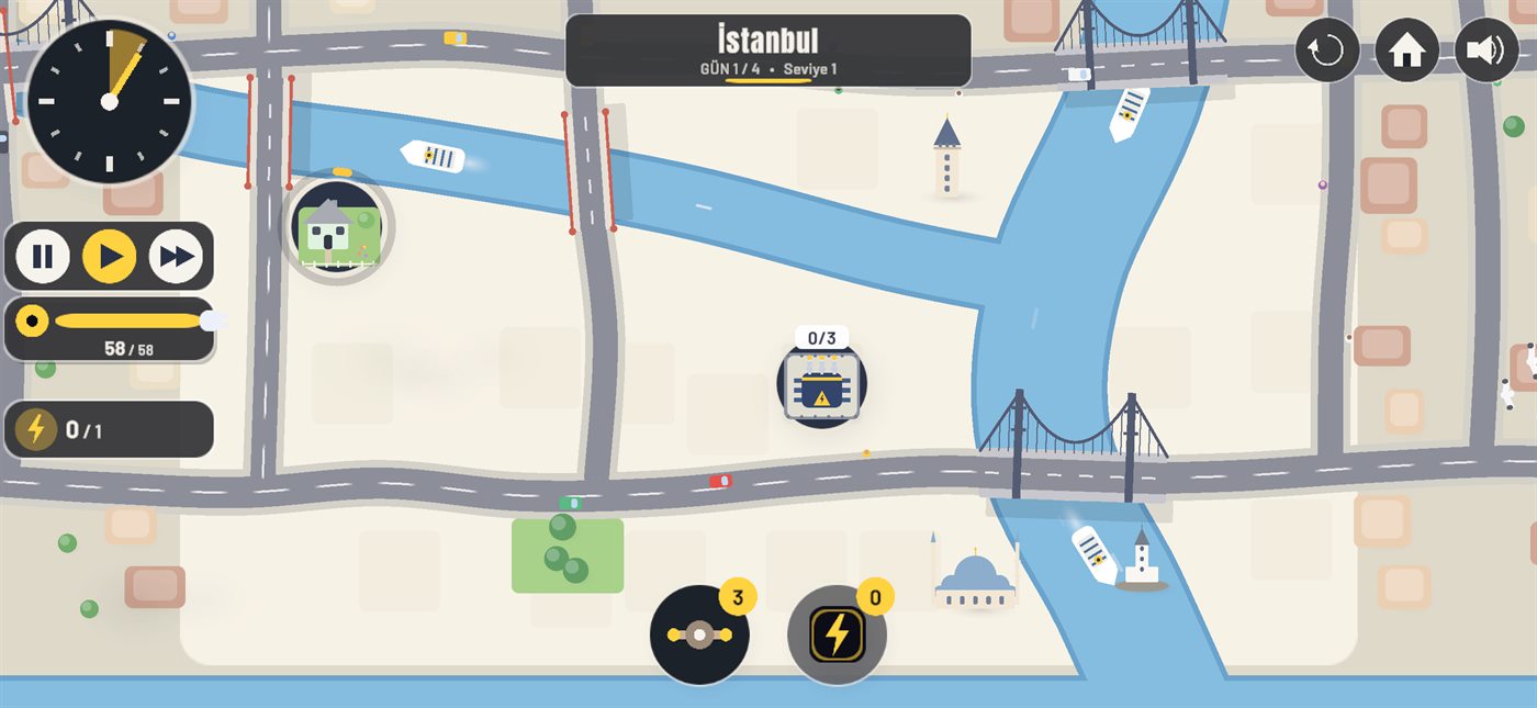 Electrify gameplay: Istanbul map with the Golden Horn, bridges, a house and a transformer